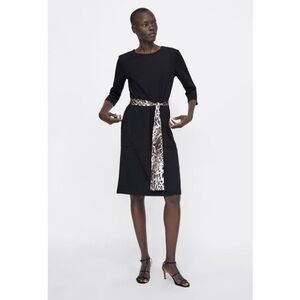 ZARA Black Midi Dress with Pockets and Leopard Print Tie Belt